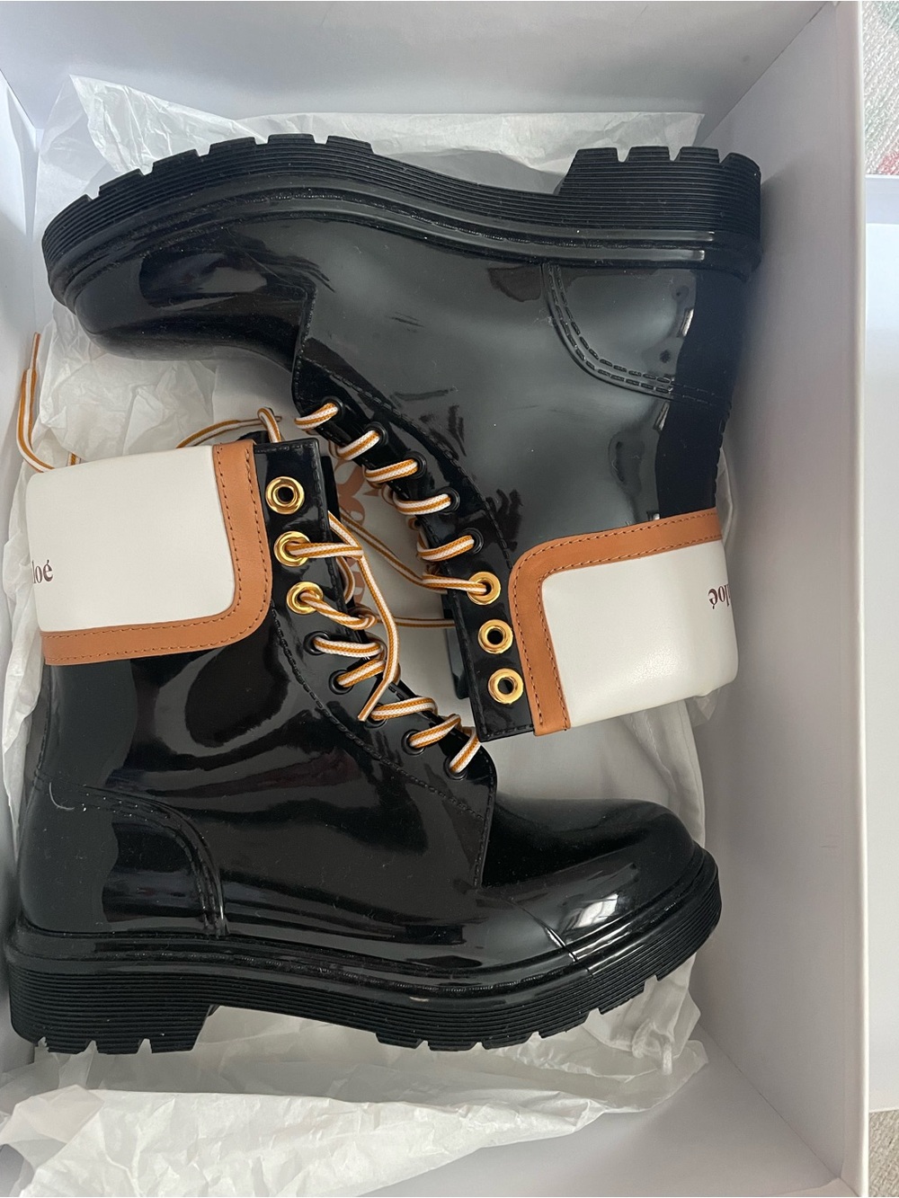 See By Chloé Black Patent Combat Rain Boots with White & Tan Trim